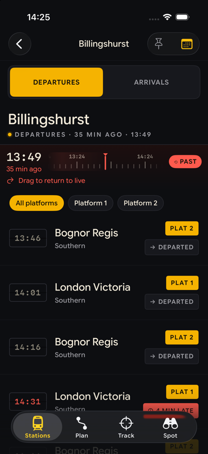 A departure board scrubbed thirty-five minutes into the past, showing trains that have already left.