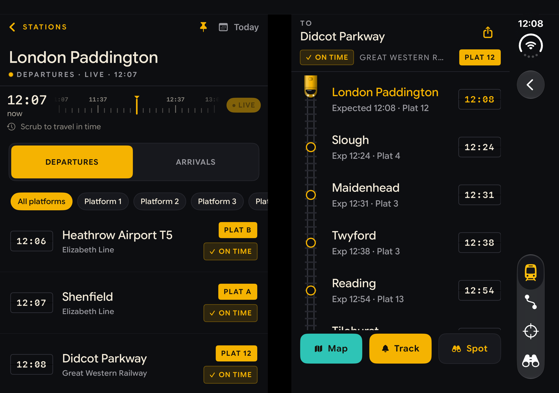 iPhone Duo held half open like a book: the departure board on the left page, the chosen train and its calling points on the right page.