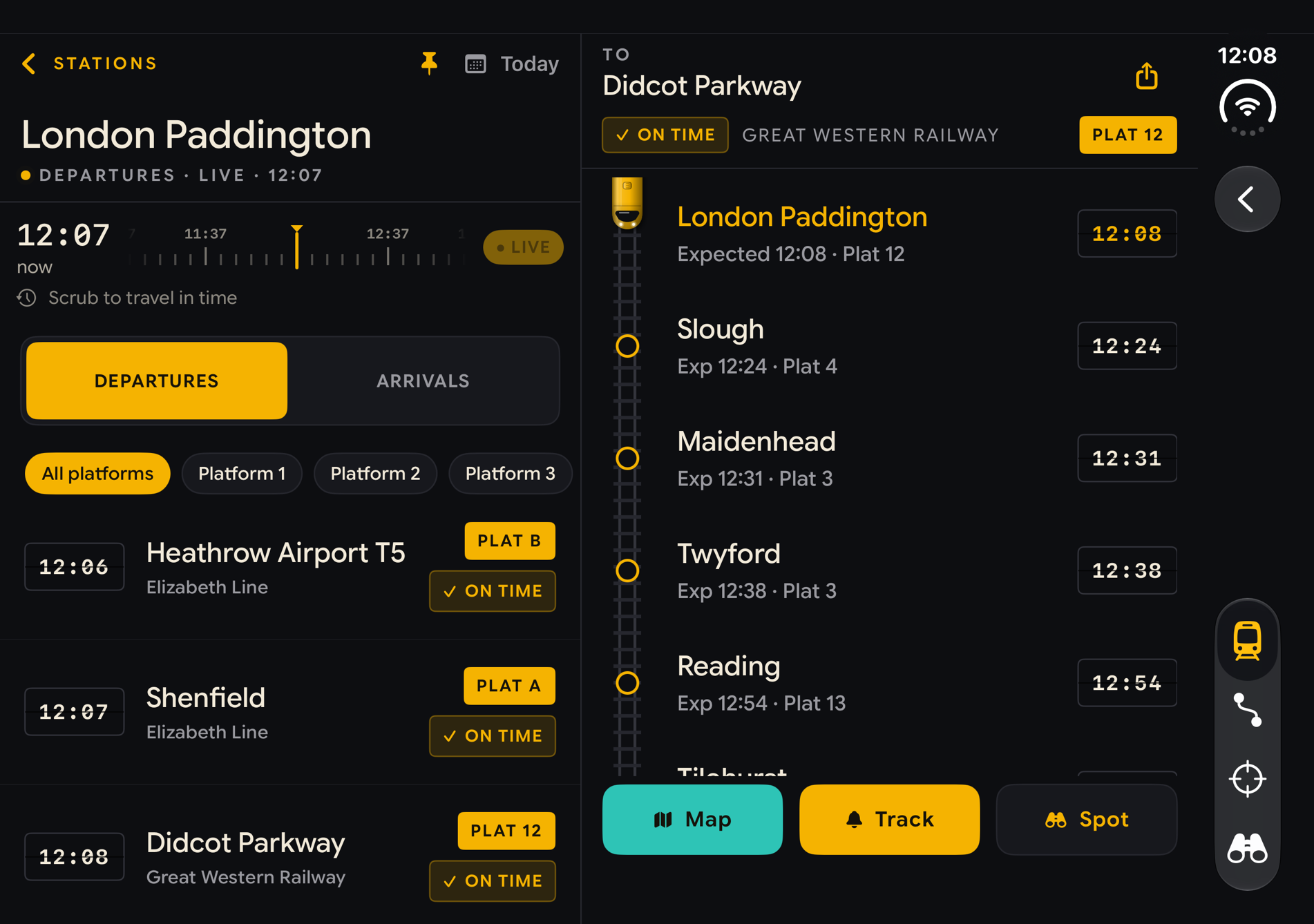 ChooTrack open flat across both iPhone Duo panels: the live London Paddington departure board on the left, and the 12:08 to Didcot Parkway with its calling points on the right.