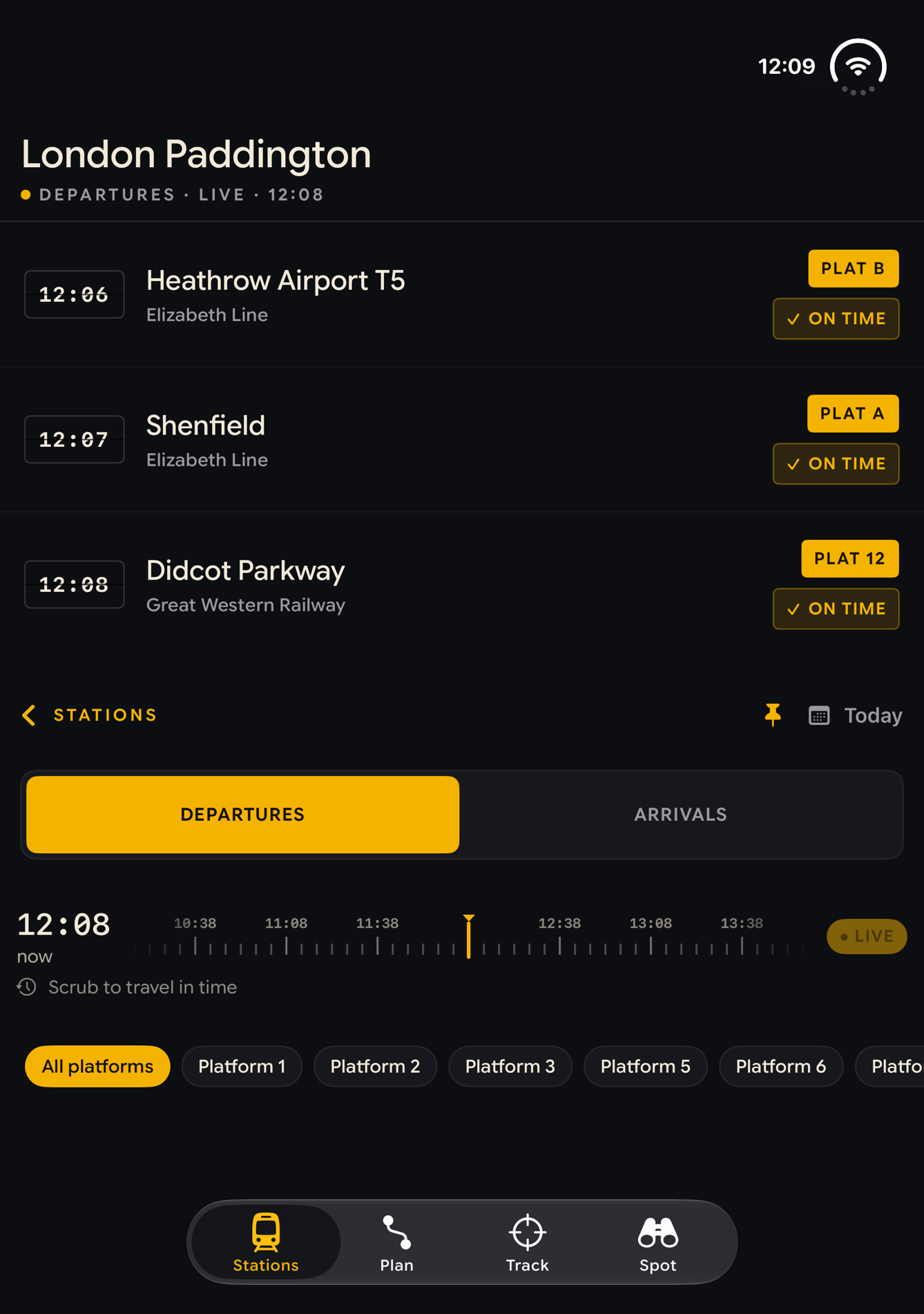 iPhone Duo stood on a table: the departure board on the upright half, the time scrubber, platform filters and tab bar on the flat half.
