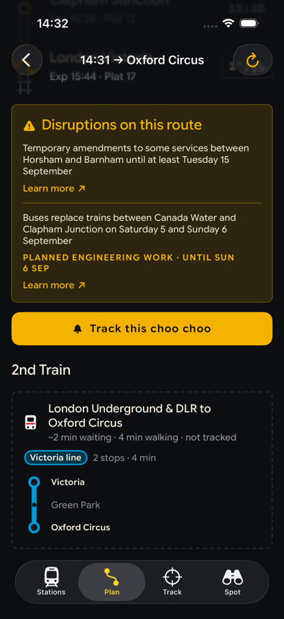 A planned journey with a Tube leg shown between two train legs.