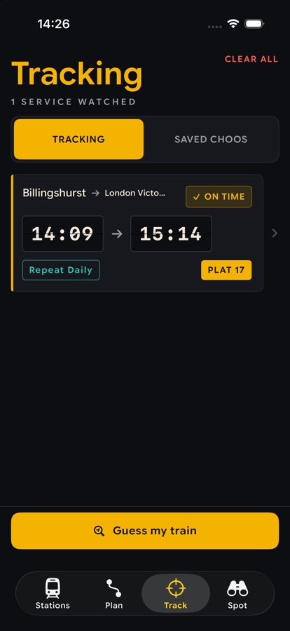 ChooTrack tracking a live train: the calling points down the screen, the current stop highlighted, the delay shown in minutes.